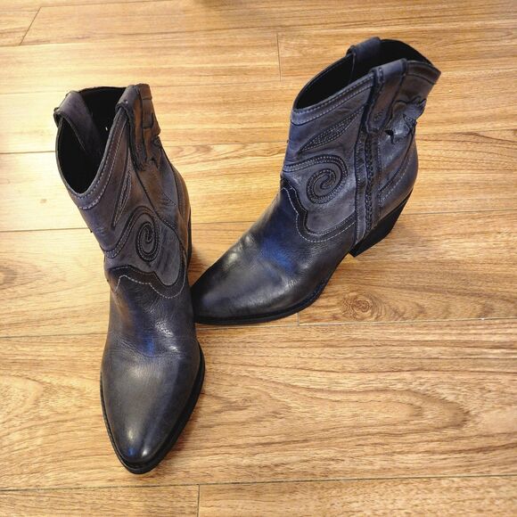 Western Ankle Boots Spiral Stitch Cowgirl Booties Black Leather 5.5 - Picture 10 of 10